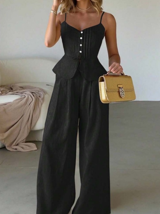 Pants - Black 2 Piece Wide-Leg Pants with Structured Corset Bodice Top Set